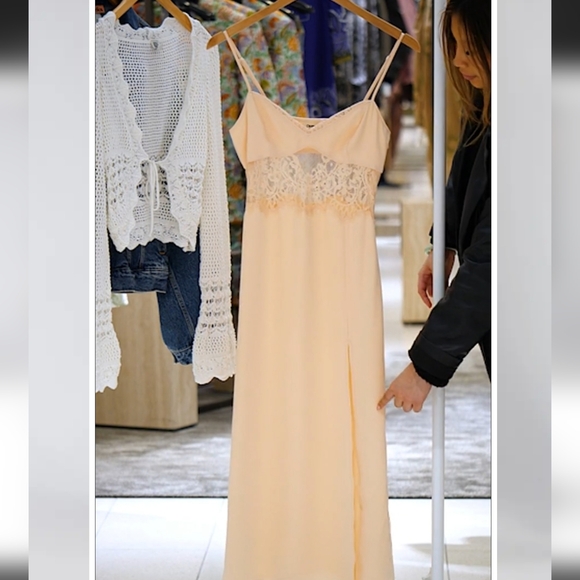 Open Edit Lace Cutout Midriff Midi Dress in Beige | Size L (NWT) - Picture 4 of 9